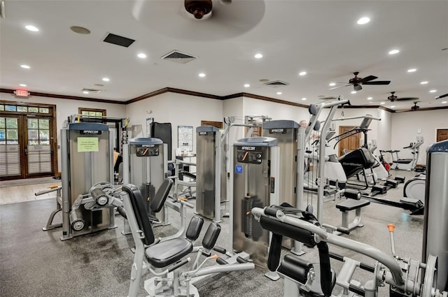 gym featuring ceiling fan and crown molding