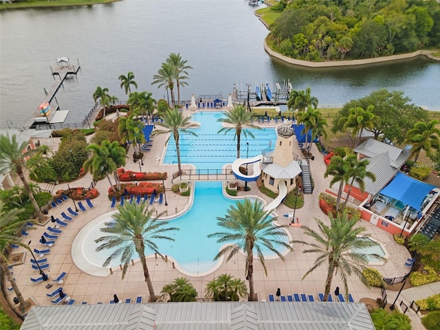 bird's eye view with a water view