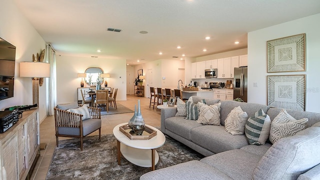 tiled living room with sink