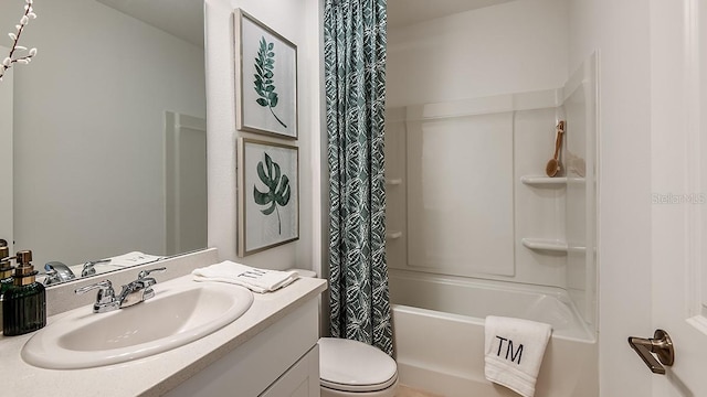 full bathroom with vanity, toilet, and shower / bathtub combination with curtain