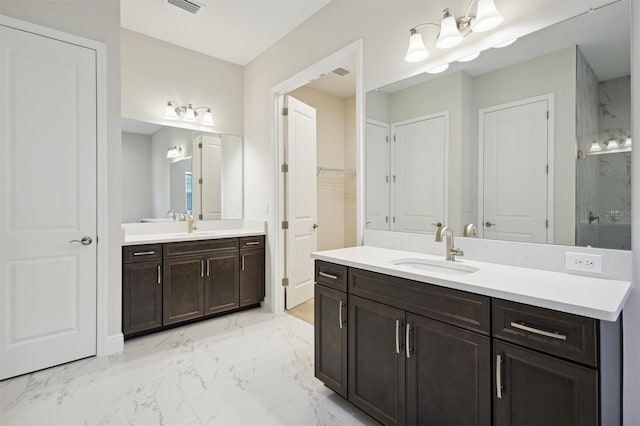 bathroom with vanity and a shower