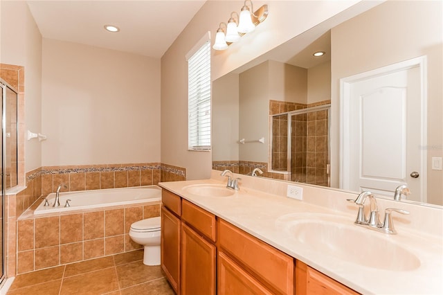 full bathroom with tile patterned floors, vanity, toilet, and plus walk in shower