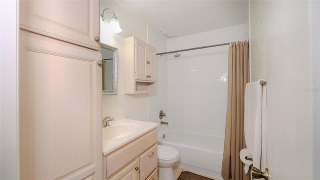 full bathroom with vanity, tile patterned flooring, shower / bathtub combination with curtain, and toilet