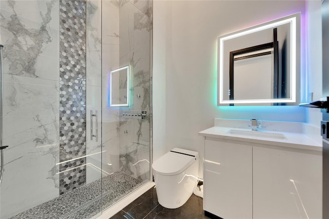 bathroom featuring vanity, an enclosed shower, and toilet