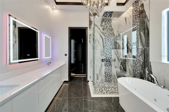 full bathroom featuring marble finish floor, a marble finish shower, double vanity, a freestanding bath, and a sink