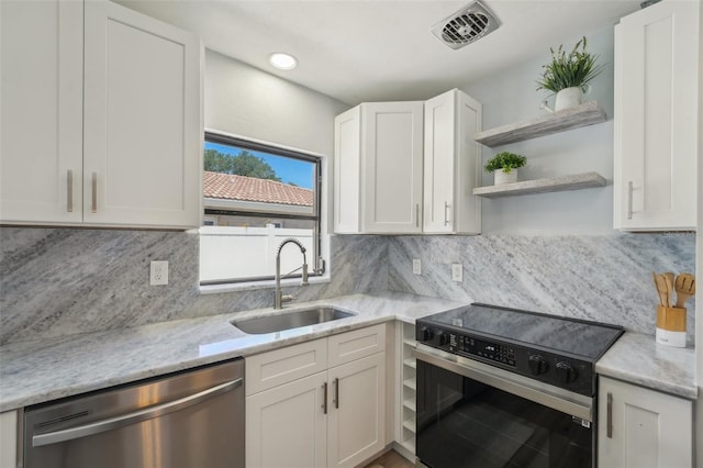 kitchen featuring sink, range with electric stovetop, tasteful backsplash, and stainless steel dishwasher