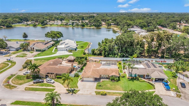 birds eye view of property featuring a water view