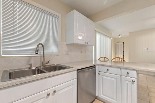 kitchen with white cabinetry, dishwasher, sink, backsplash, and kitchen peninsula