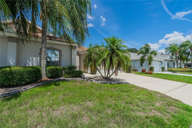 view of front facade with driveway, an attached garage, a front lawn, and stucco siding