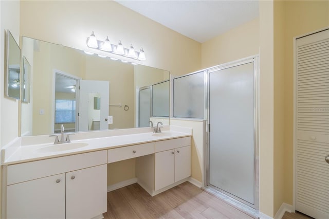 bathroom with double vanity, wood finished floors, a closet, and a sink