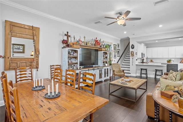 dining room with ornamental molding, a textured ceiling, ceiling fan, sink, and dark hardwood / wood-style floors