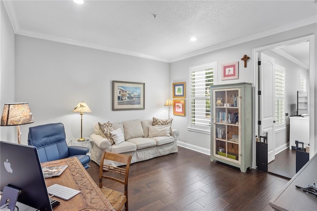 living room with a textured ceiling, dark hardwood / wood-style flooring, and ornamental molding