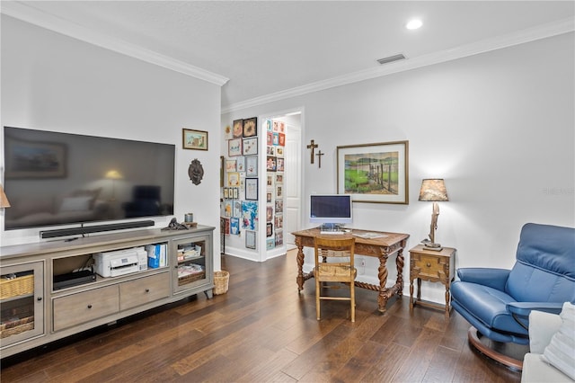 office area featuring crown molding and dark hardwood / wood-style floors