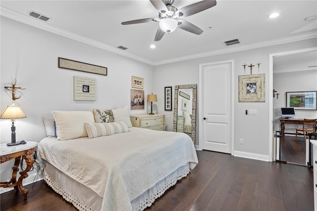 bedroom with ornamental molding, ceiling fan, and dark wood-type flooring