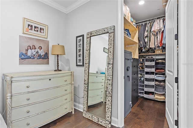 walk in closet with dark hardwood / wood-style floors