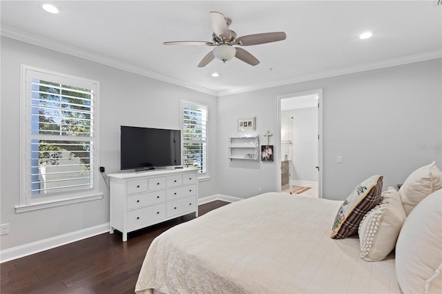 bedroom featuring baseboards, dark wood finished floors, crown molding, and recessed lighting