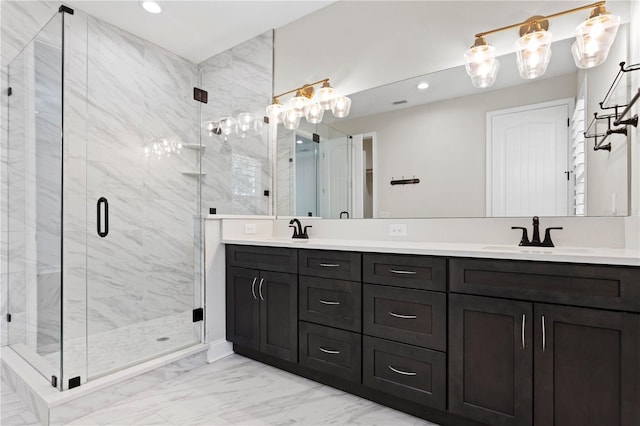 4606 W Fig St Unit 4, Tampa, FL 33609 - bathroom with a marble finish shower, recessed lighting, double vanity, and marble finish floors