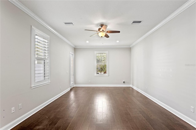 4606 W Fig St Unit 4, Tampa, FL 33609 - empty room featuring a ceiling fan, ornamental molding, dark wood finished floors, and baseboards