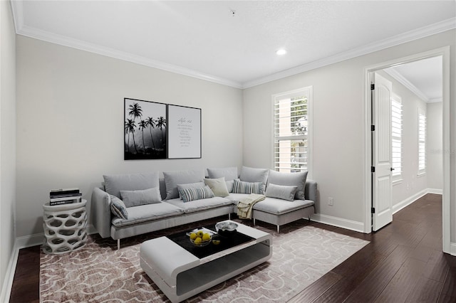 4606 W Fig St Unit 4, Tampa, FL 33609 - living room featuring baseboards, dark wood-style floors, crown molding, and recessed lighting