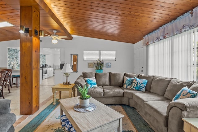 tiled living room featuring lofted ceiling with beams, ceiling fan, and wooden ceiling