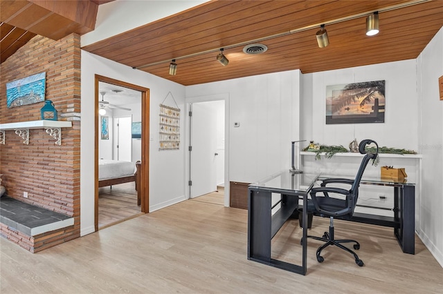 home office featuring rail lighting, light hardwood / wood-style flooring, ceiling fan, and wooden ceiling