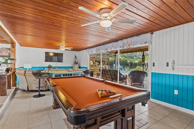 playroom featuring light tile patterned flooring, wood ceiling, and billiards