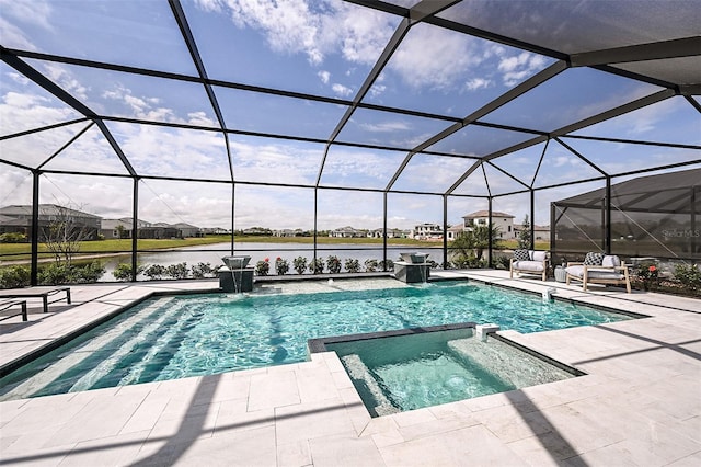 view of swimming pool with a water view, a patio area, a pool with connected hot tub, and glass enclosure