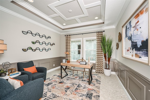 office area with wainscoting, coffered ceiling, and crown molding