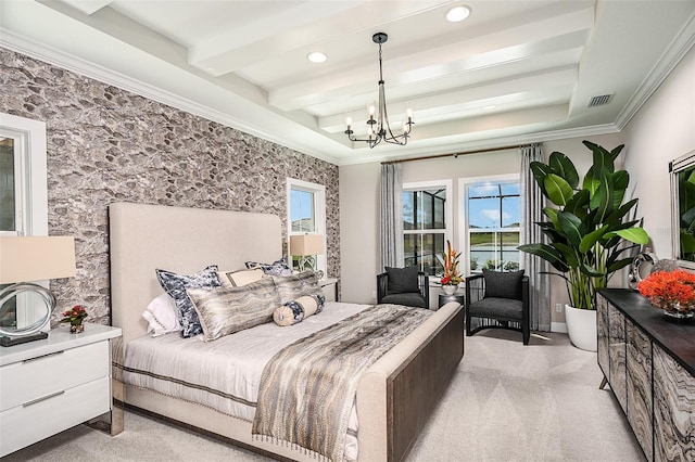 carpeted bedroom featuring a notable chandelier, crown molding, and beamed ceiling