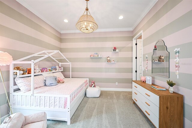 carpeted bedroom with a notable chandelier and crown molding