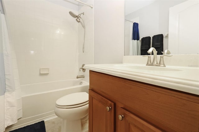 full bathroom with vanity, shower / bath combination with curtain, and toilet