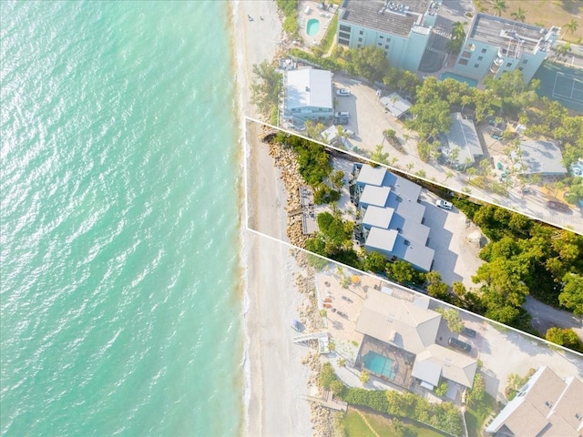 aerial view featuring a water view and a view of the beach