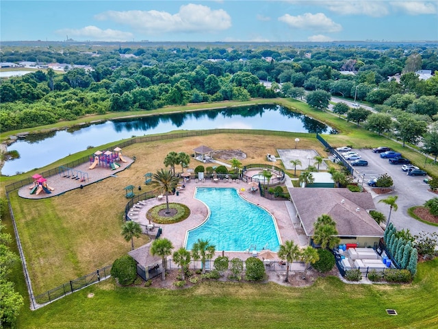 bird's eye view with a water view