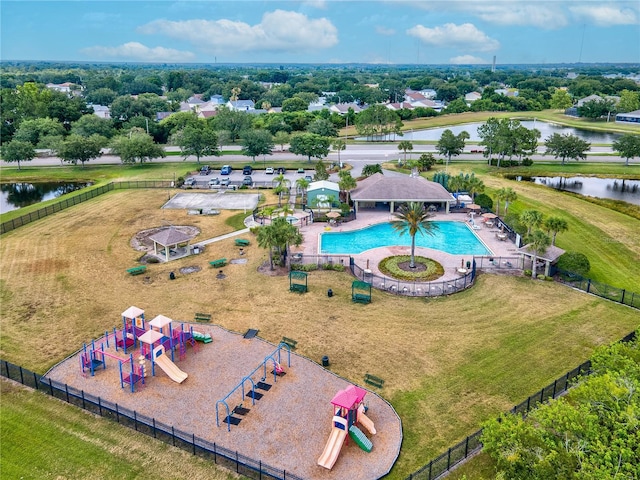 bird's eye view with a water view