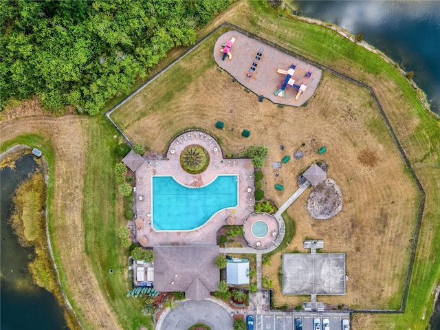 aerial view featuring a water view