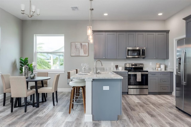 3431 Sheephead Dr, Hernando Beach, FL 34607 - kitchen featuring appliances with stainless steel finishes, gray cabinets, a peninsula, a kitchen bar, and light wood-style floors