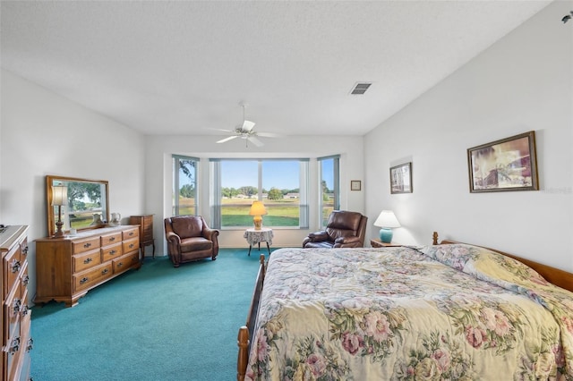 bedroom with ceiling fan and carpet floors