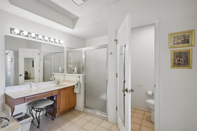 bathroom featuring tile patterned floors, vanity, a textured ceiling, a shower with door, and toilet