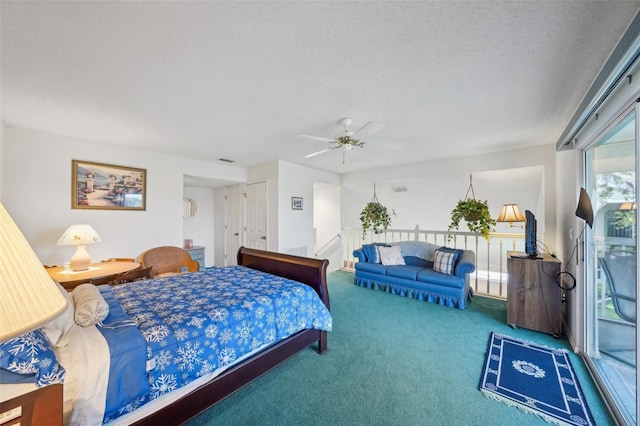 bedroom featuring carpet flooring, ceiling fan, a textured ceiling, and access to outside