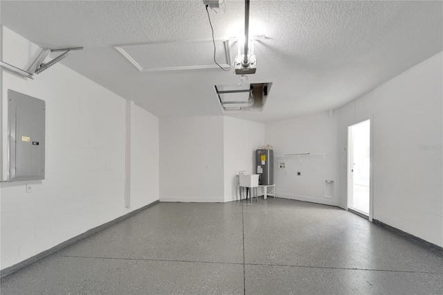 garage with electric water heater, electric panel, and a garage door opener