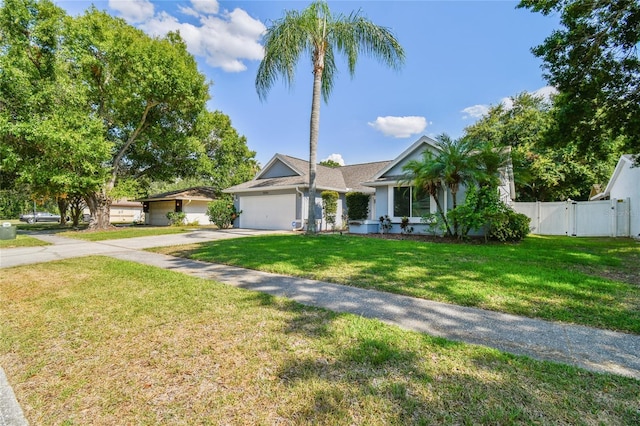 single story home with a garage and a front lawn