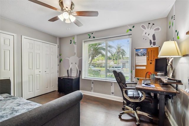 home office with ceiling fan and dark hardwood / wood-style floors