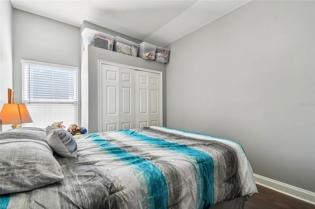 bedroom featuring dark hardwood / wood-style floors and a closet