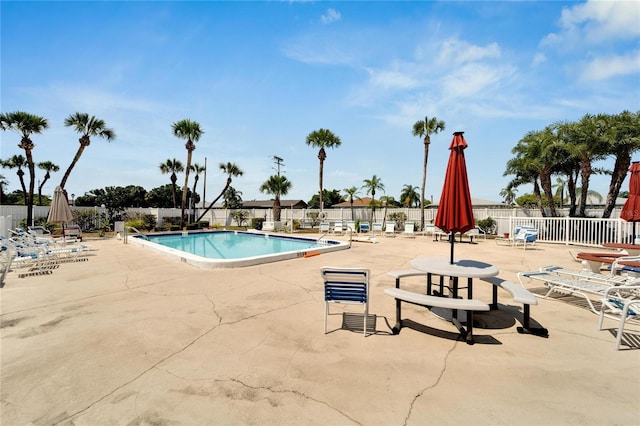 view of swimming pool featuring a patio area