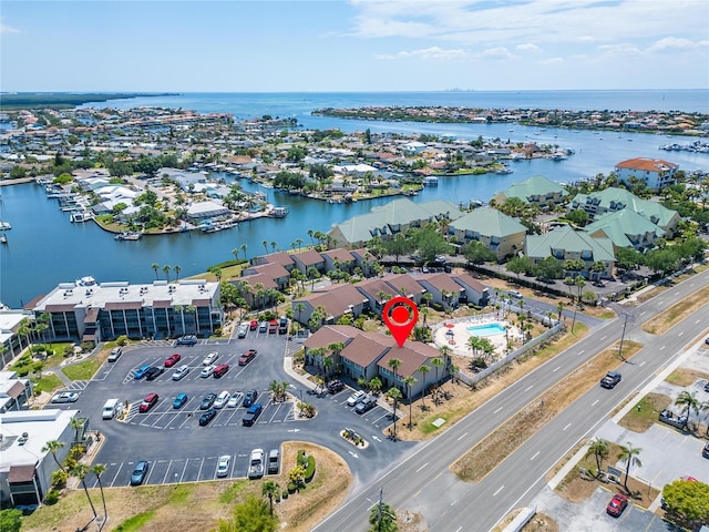 drone / aerial view with a water view