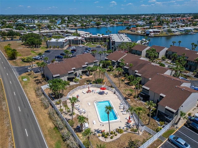 drone / aerial view with a water view