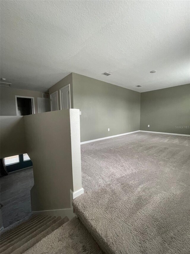 interior space with carpet and a textured ceiling