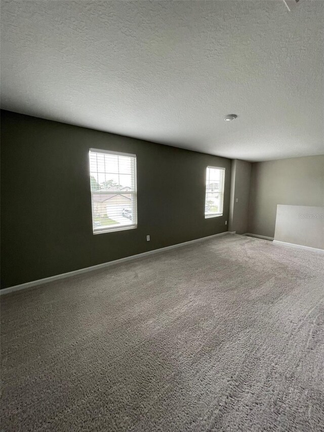 carpeted empty room featuring a textured ceiling and plenty of natural light