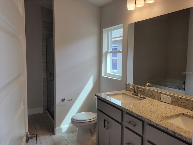 bathroom with vanity, toilet, and a shower with door