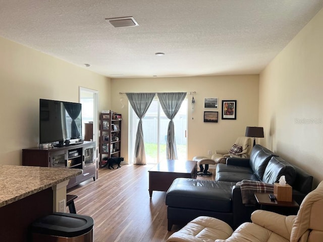 living room featuring hardwood / wood-style floors and a textured ceiling